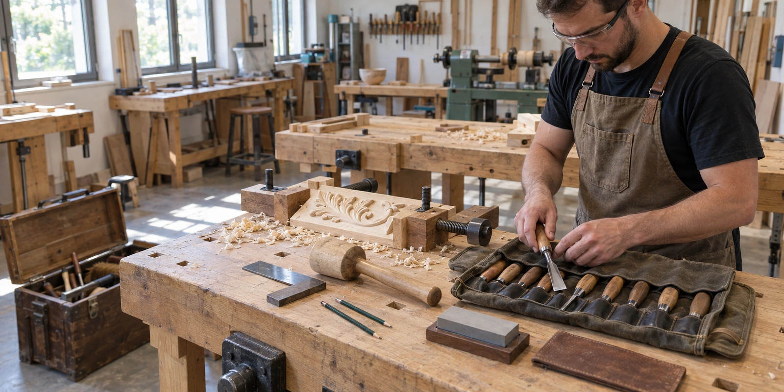 Un homme portant des lunettes de protection manipule un ciseau à bois devant un établi garni d’outils et d’une pièce sculptée.